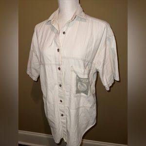 VINTAGE Barbara Blue Shirt Mens Size S Short Sleeve kenya tan Button Up